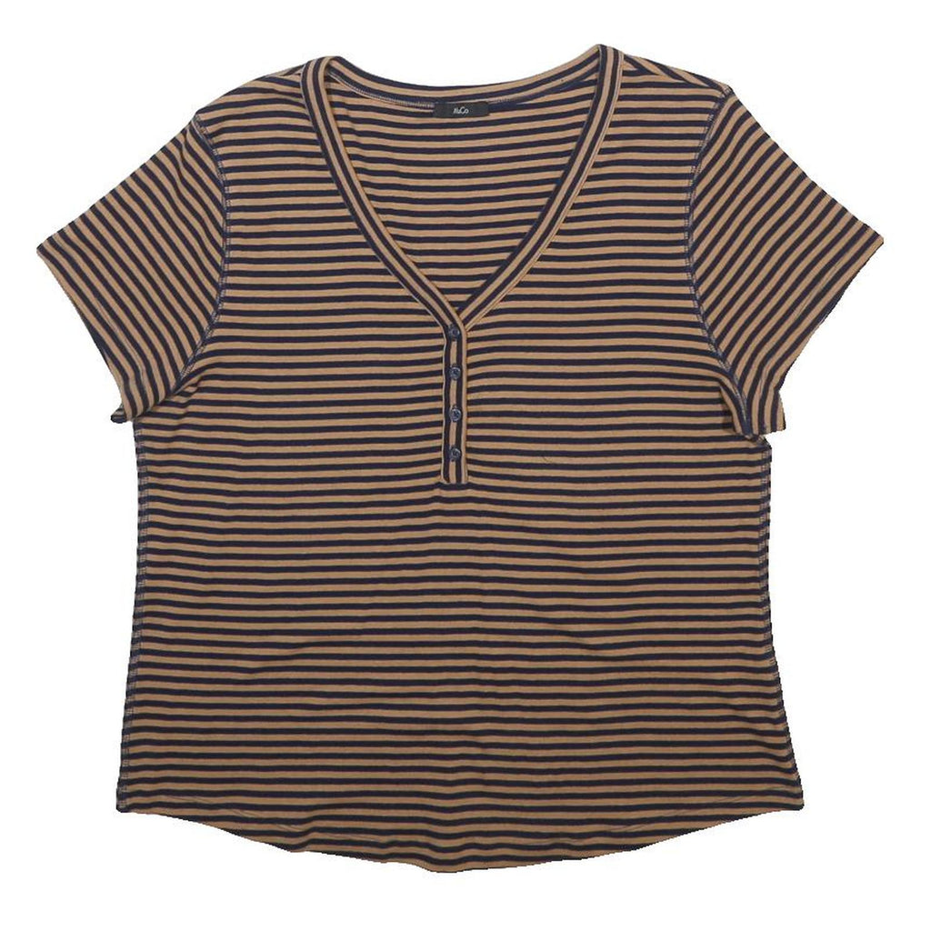 M & CO Womens Brown & Black Striped Top Short Sleeve V-Neck Button UK 18