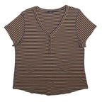 M & CO Womens Brown & Black Striped Top Short Sleeve V-Neck Button UK 18