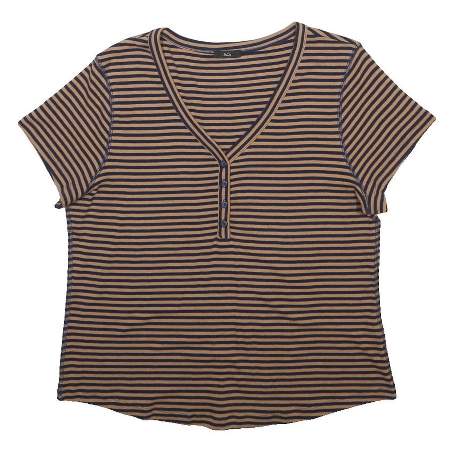 M & CO Womens Brown & Black Striped Top Short Sleeve V-Neck Button UK 18