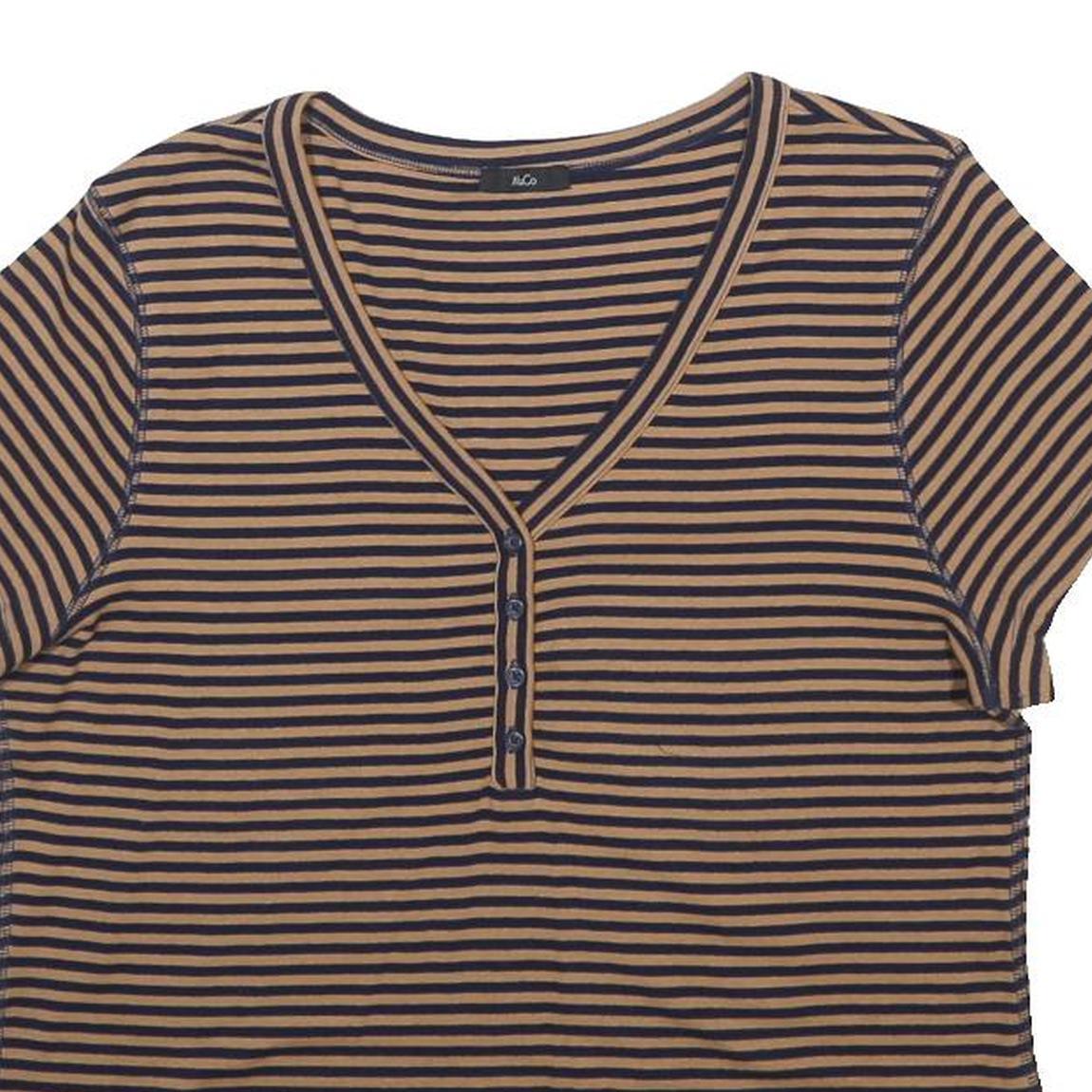 M & CO Womens Brown & Black Striped Top Short Sleeve V-Neck Button UK 18