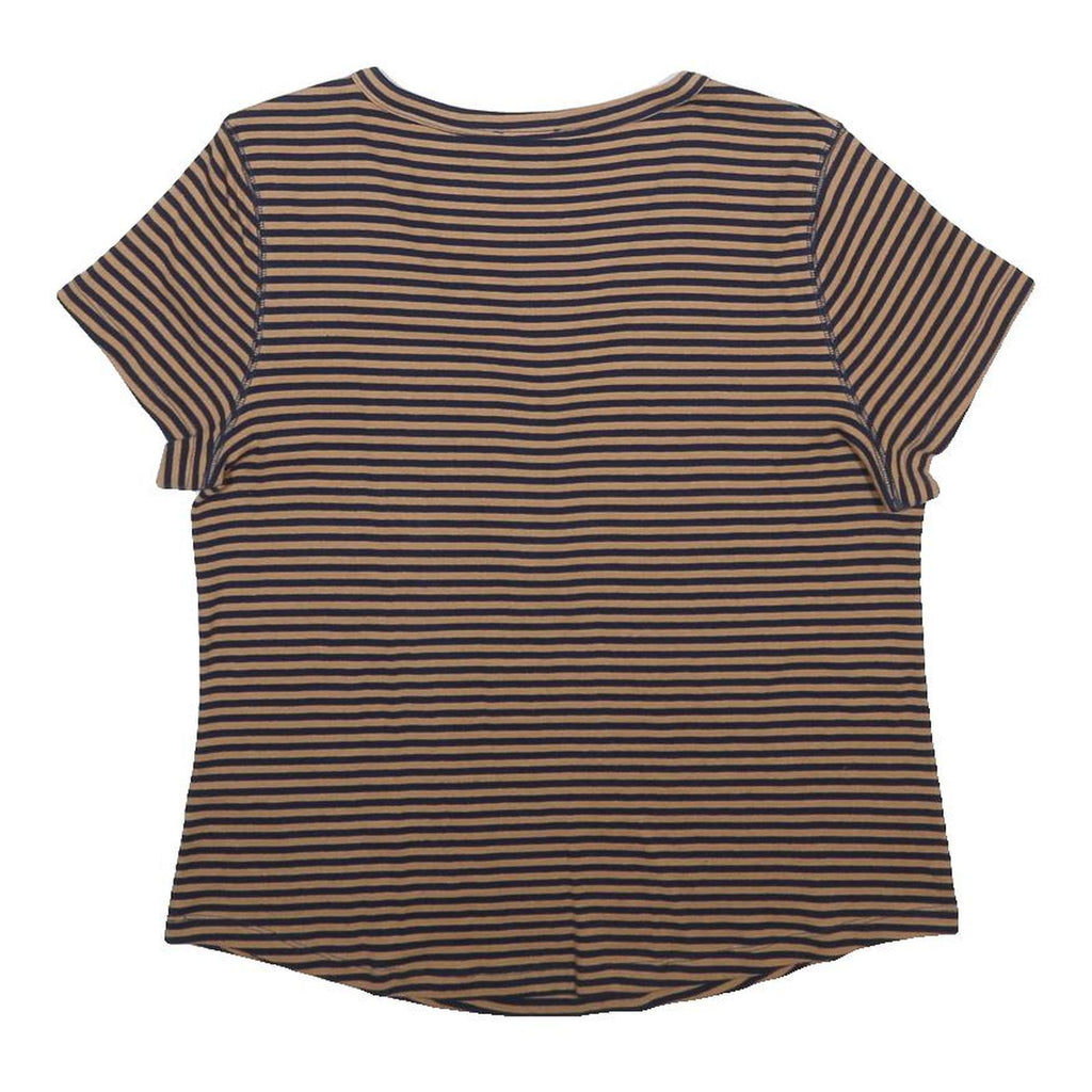 M & CO Womens Brown & Black Striped Top Short Sleeve V-Neck Button UK 18