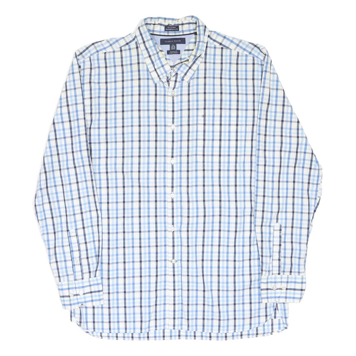 TOMMY HILFIGER Mens Blue & White Checked Shirt XL Cotton Button Down Casual
