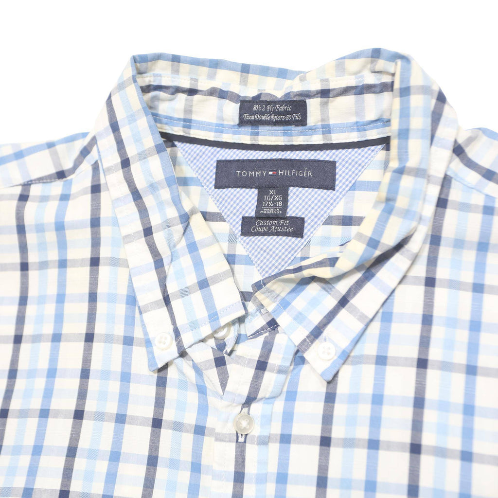 TOMMY HILFIGER Mens Blue & White Checked Shirt XL Cotton Button Down Casual