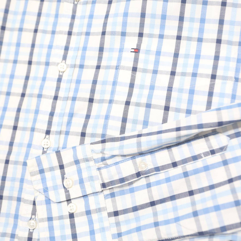 TOMMY HILFIGER Mens Blue & White Checked Shirt XL Cotton Button Down Casual