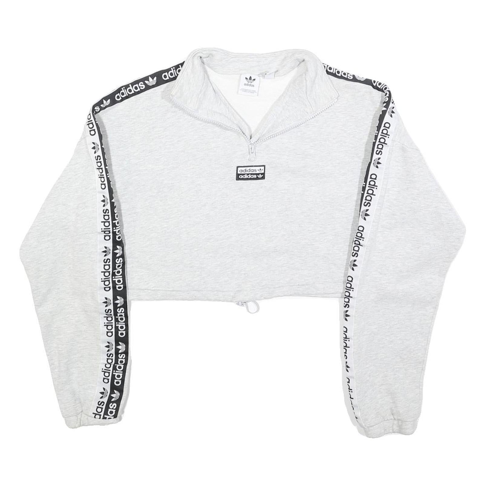 ADIDAS Womens Grey & Black Cropped Half Zip Sweatshirt UK 6 Logo Tape
