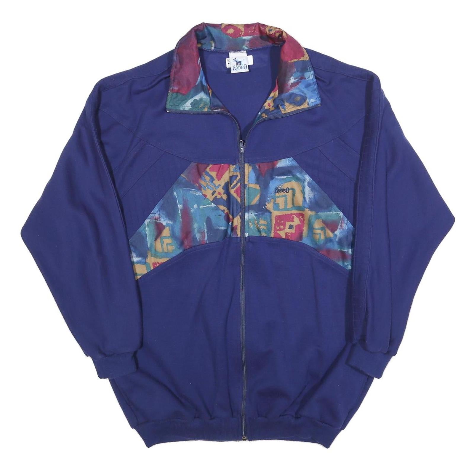 RODEO Mens Blue Abstract Pattern Zip Jacket L Polyester Casual Retro Style