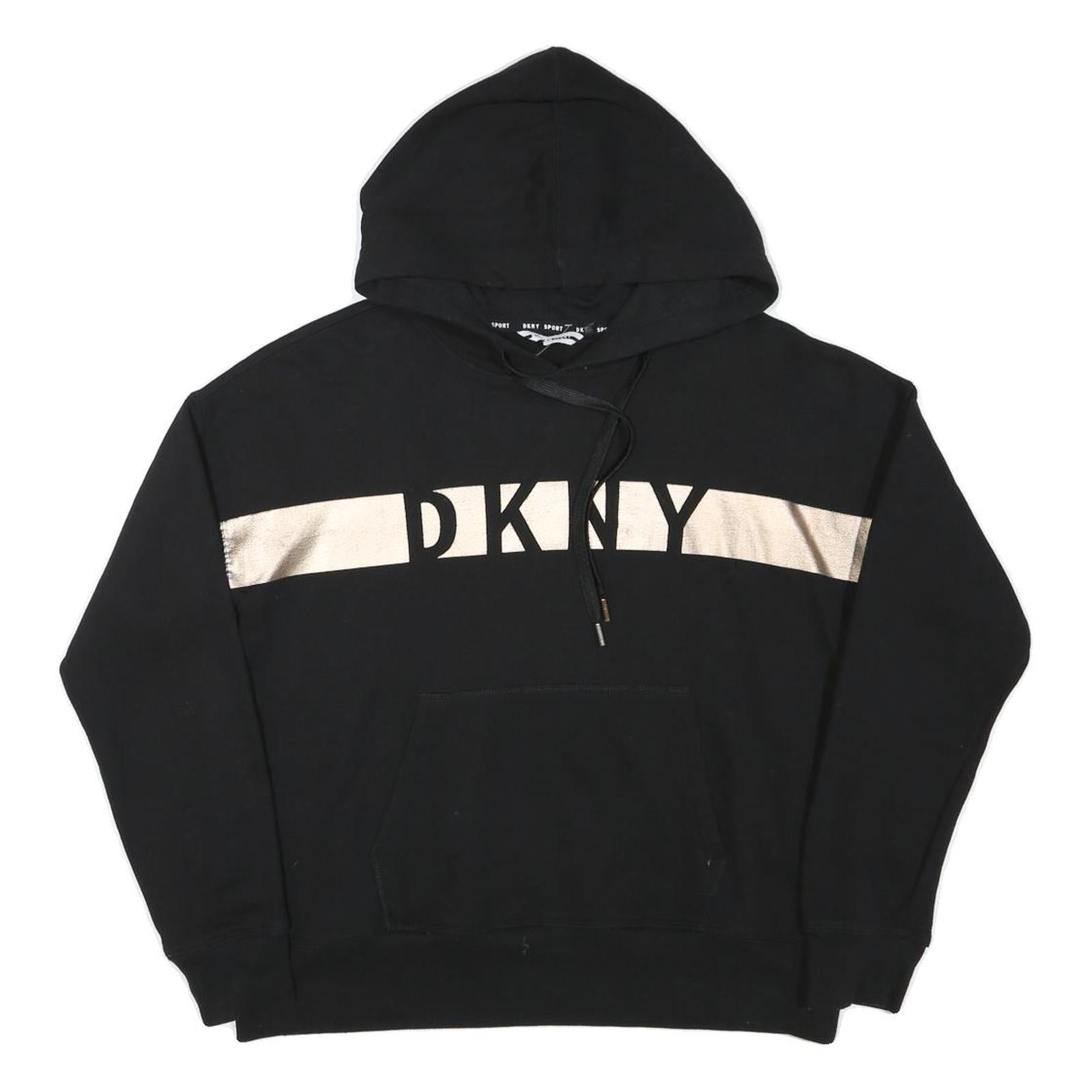 DKNY Womens Black Pullover Hoodie M Cotton Blend Drawstring Hood Pocket