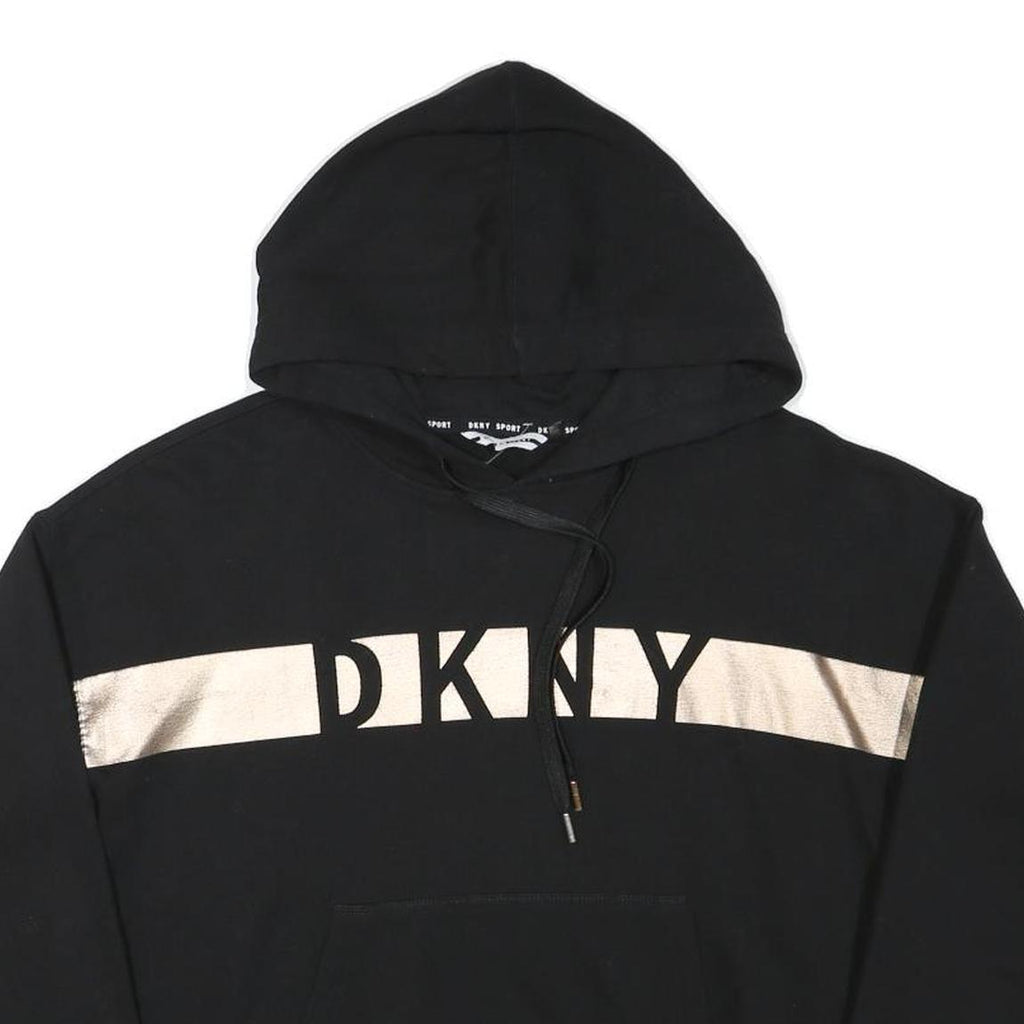 DKNY Womens Black Pullover Hoodie M Cotton Blend Drawstring Hood Pocket
