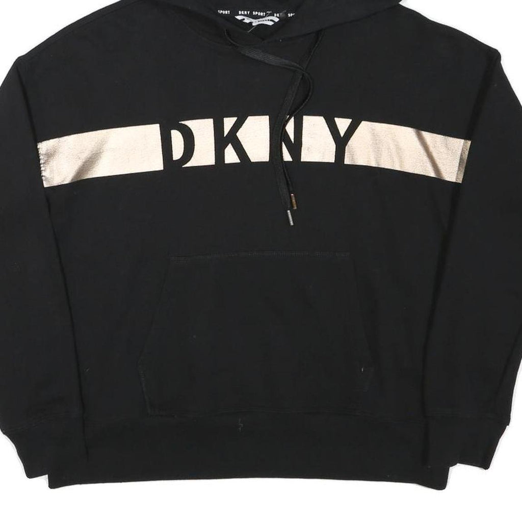 DKNY Womens Black Pullover Hoodie M Cotton Blend Drawstring Hood Pocket