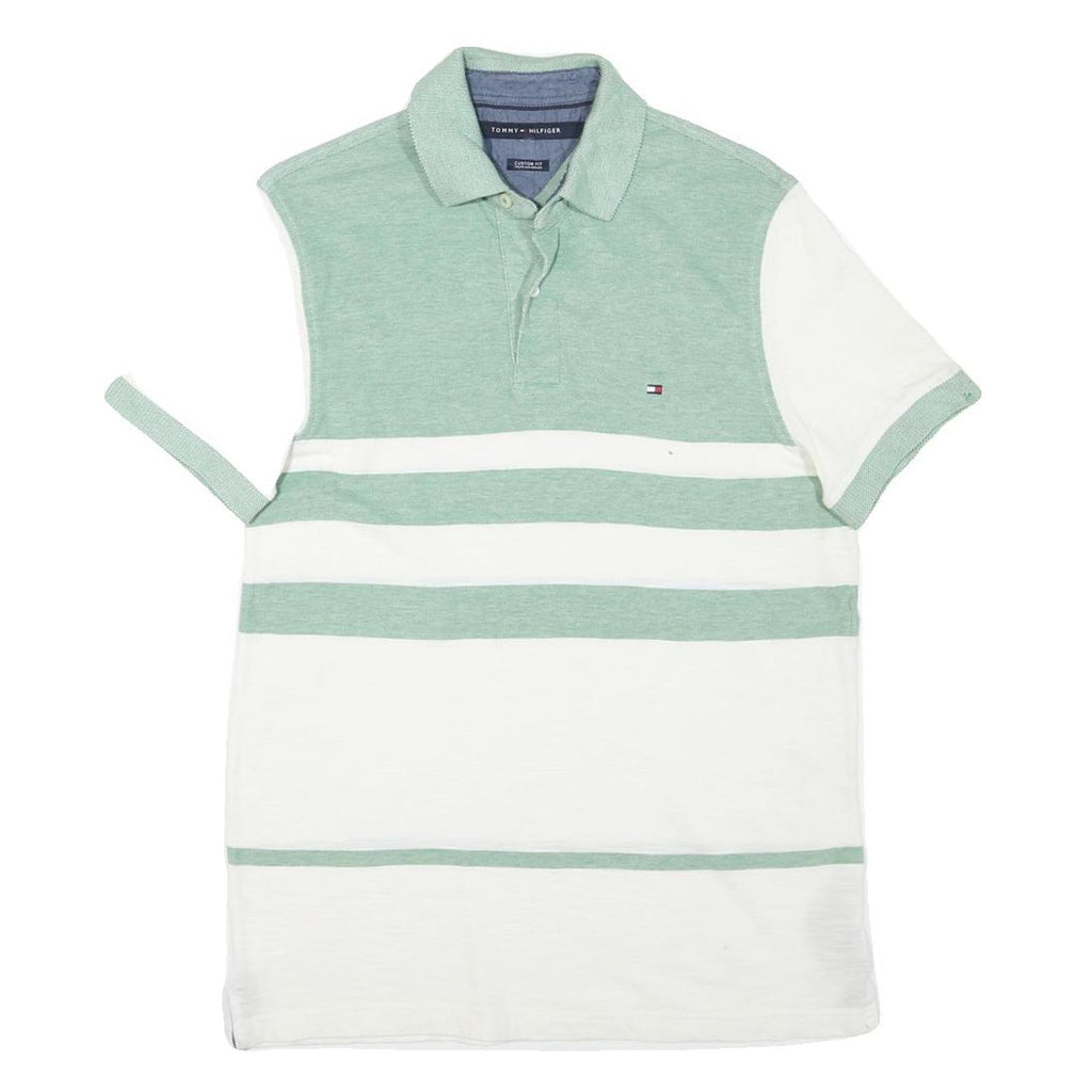 TOMMY HILFIGER Mens Green & White Striped Short Sleeve Polo Shirt M Cotton Blend