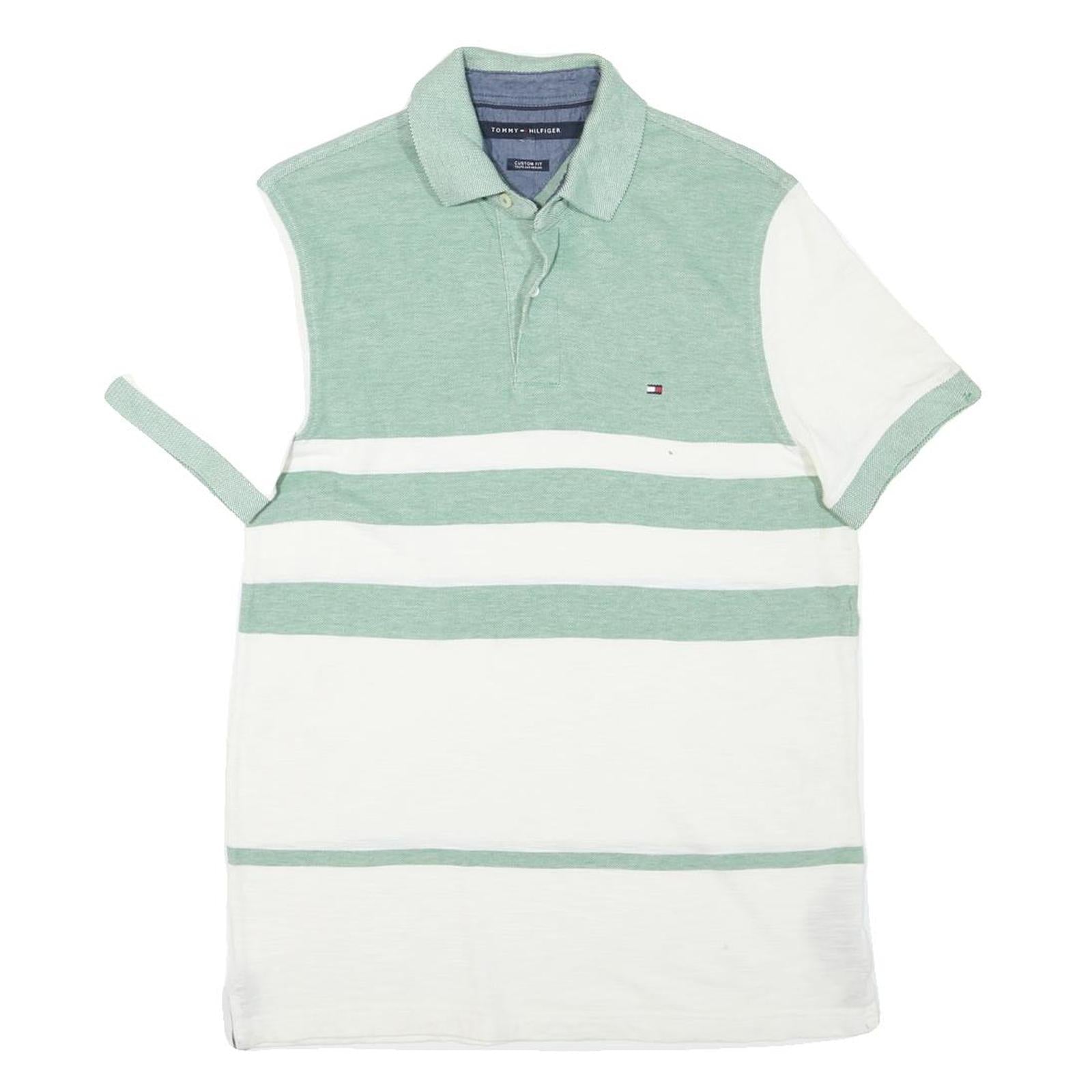 TOMMY HILFIGER Mens Green & White Striped Short Sleeve Polo Shirt M Cotton Blend