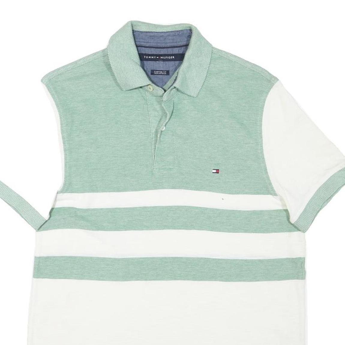 TOMMY HILFIGER Mens Green & White Striped Short Sleeve Polo Shirt M Cotton Blend