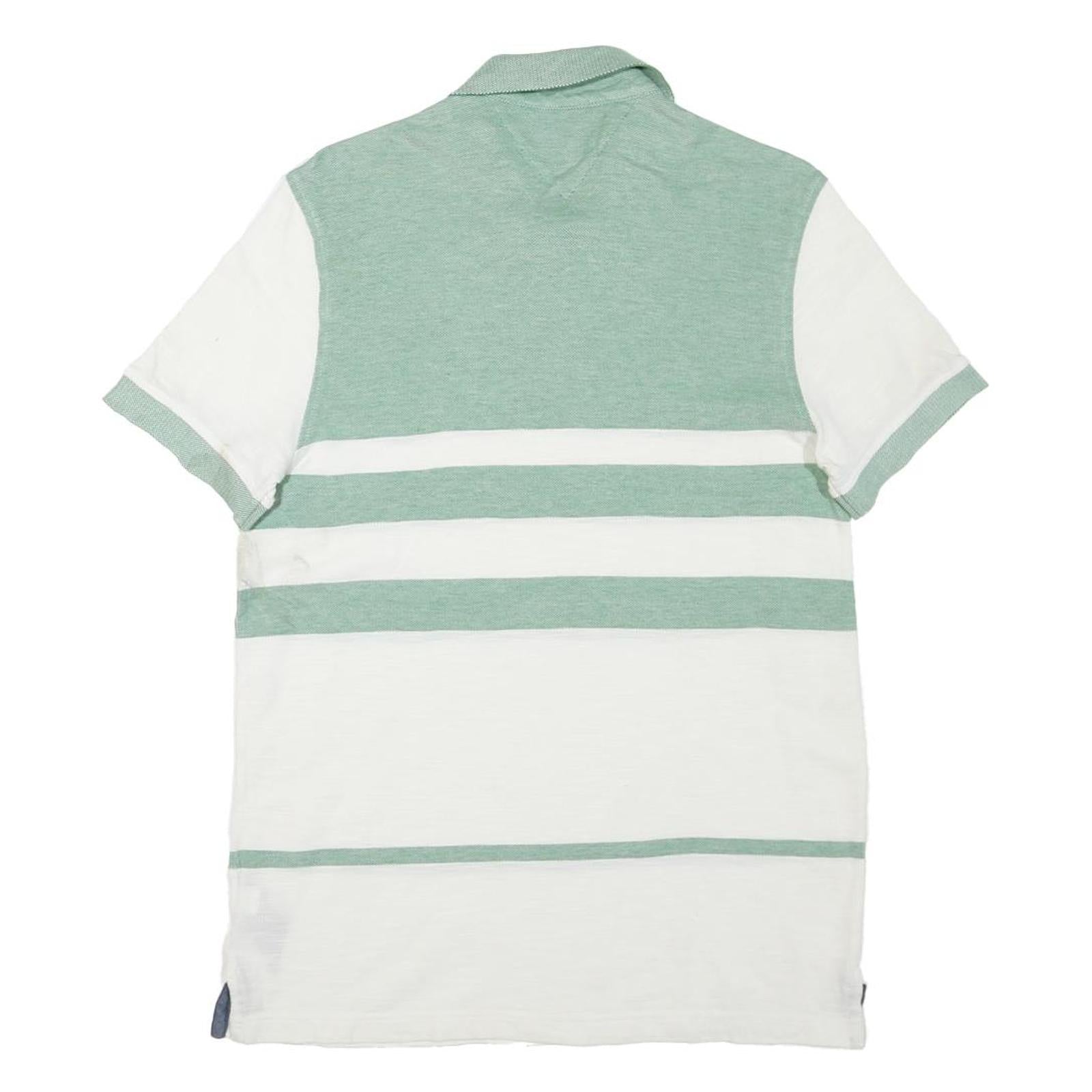 TOMMY HILFIGER Mens Green & White Striped Short Sleeve Polo Shirt M Cotton Blend