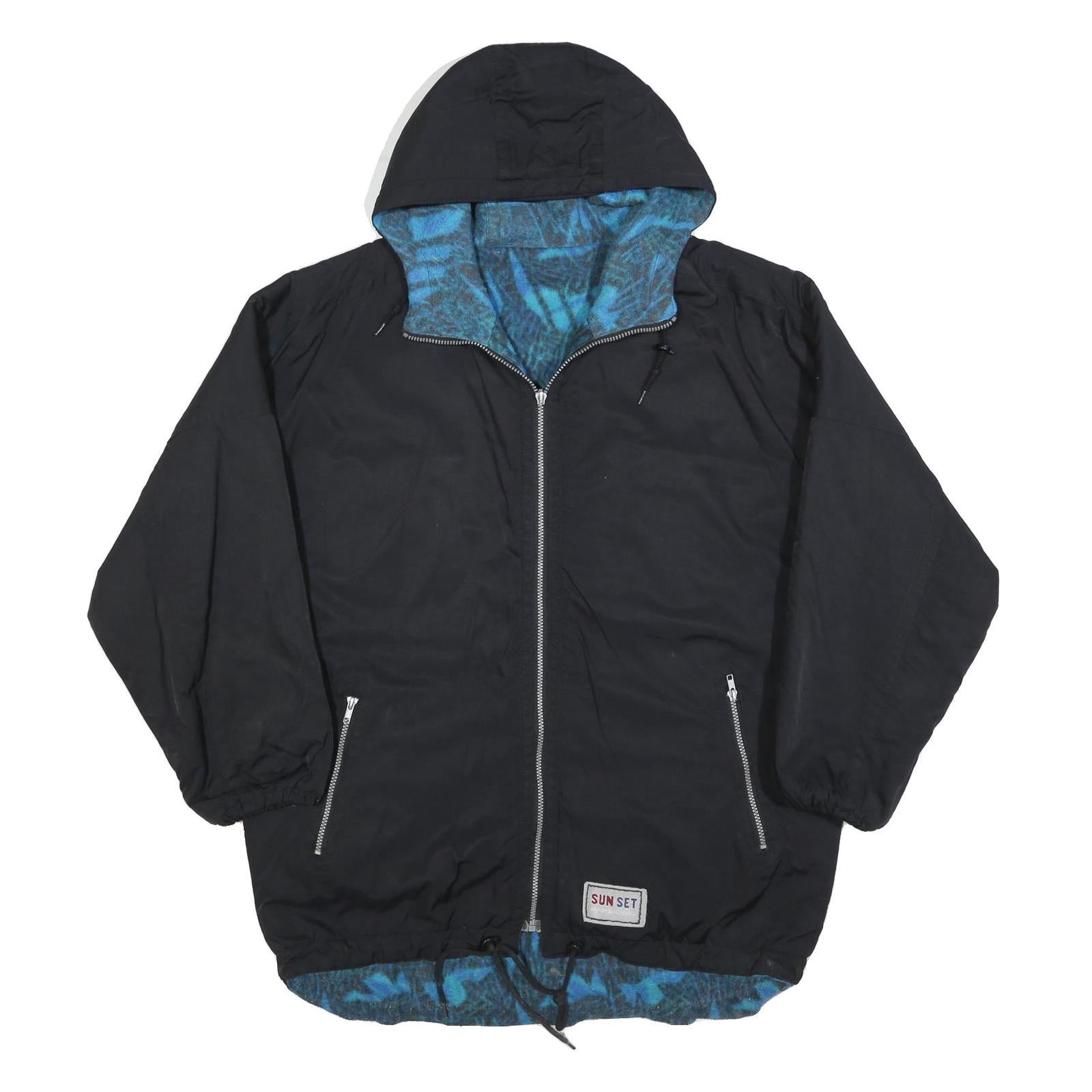 SUNSET Womens Black & Blue Reversible Hooded Jacket XL Polyester Blend Zip Plain