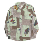 DIVINA Womens Green Brown Leaf Print Shirt Long Sleeve Collared M Relaxed Fit
