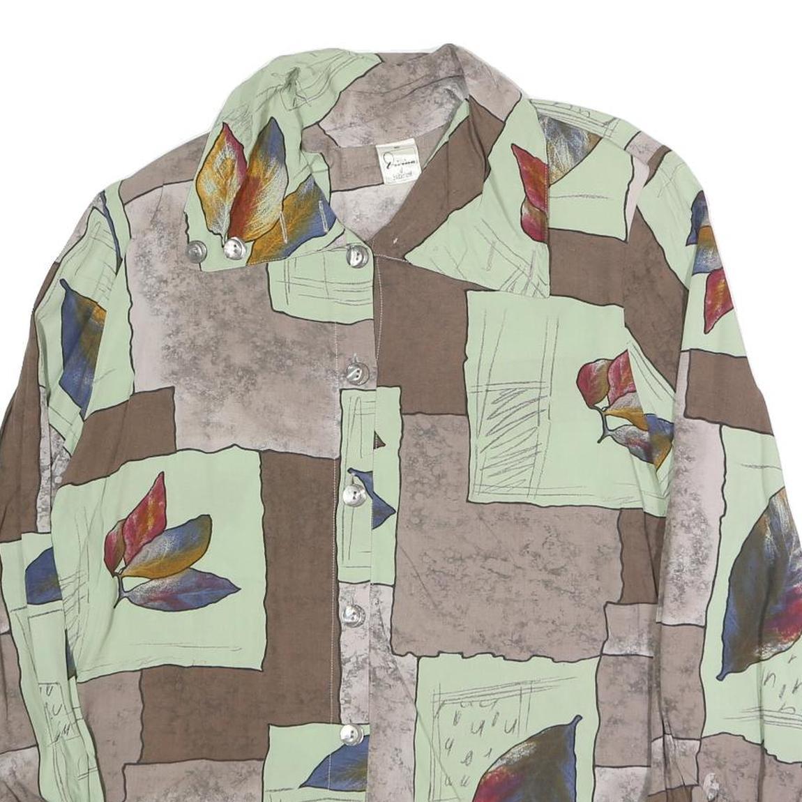 DIVINA Womens Green Brown Leaf Print Shirt Long Sleeve Collared M Relaxed Fit