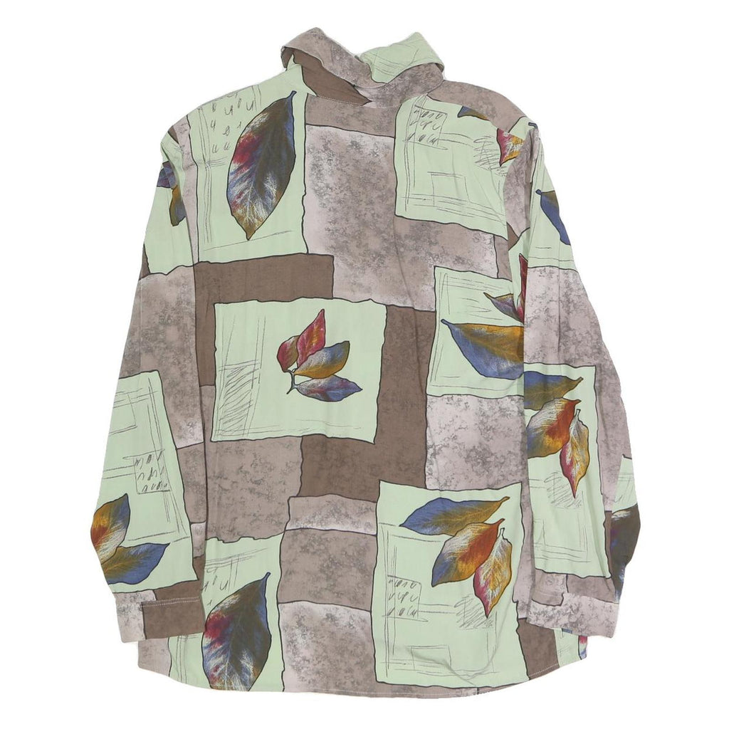 DIVINA Womens Green Brown Leaf Print Shirt Long Sleeve Collared M Relaxed Fit