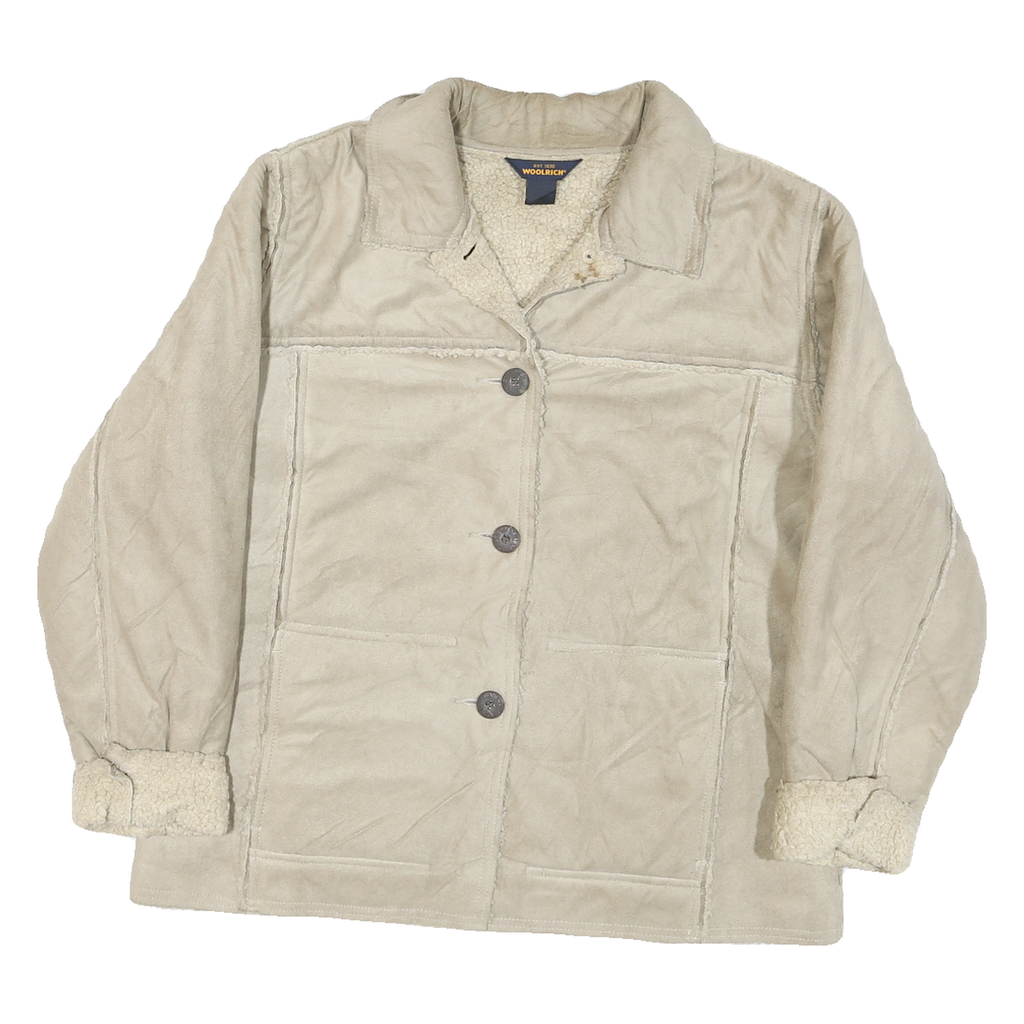 WOOLRICH Womens Beige Leather Button Jacket L Sherpa Soft Warm Coat