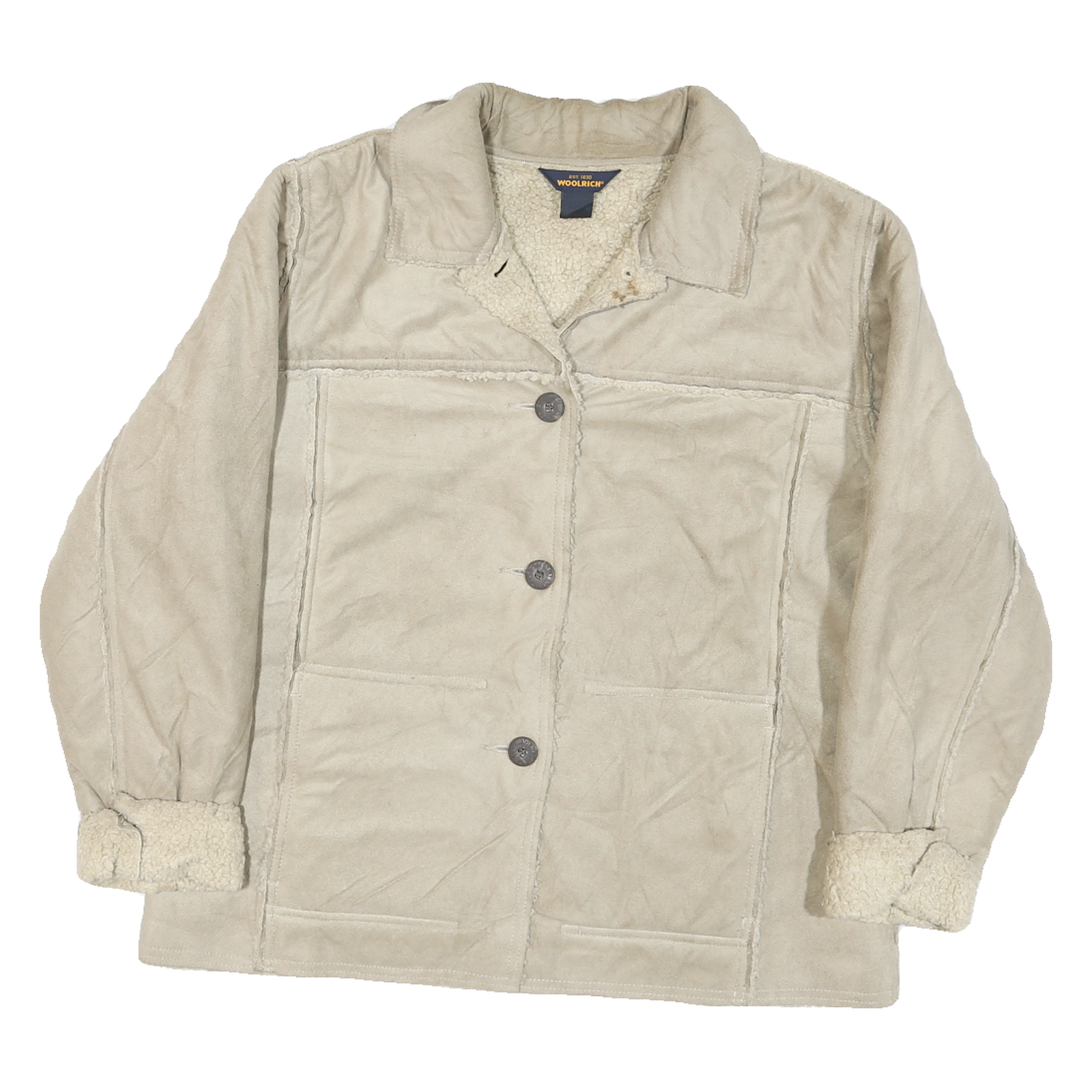 WOOLRICH Womens Beige Leather Button Jacket L Sherpa Soft Warm Coat