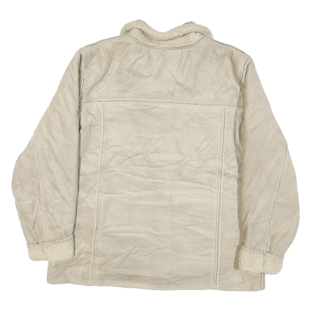 WOOLRICH Womens Beige Leather Button Jacket L Sherpa Soft Warm Coat