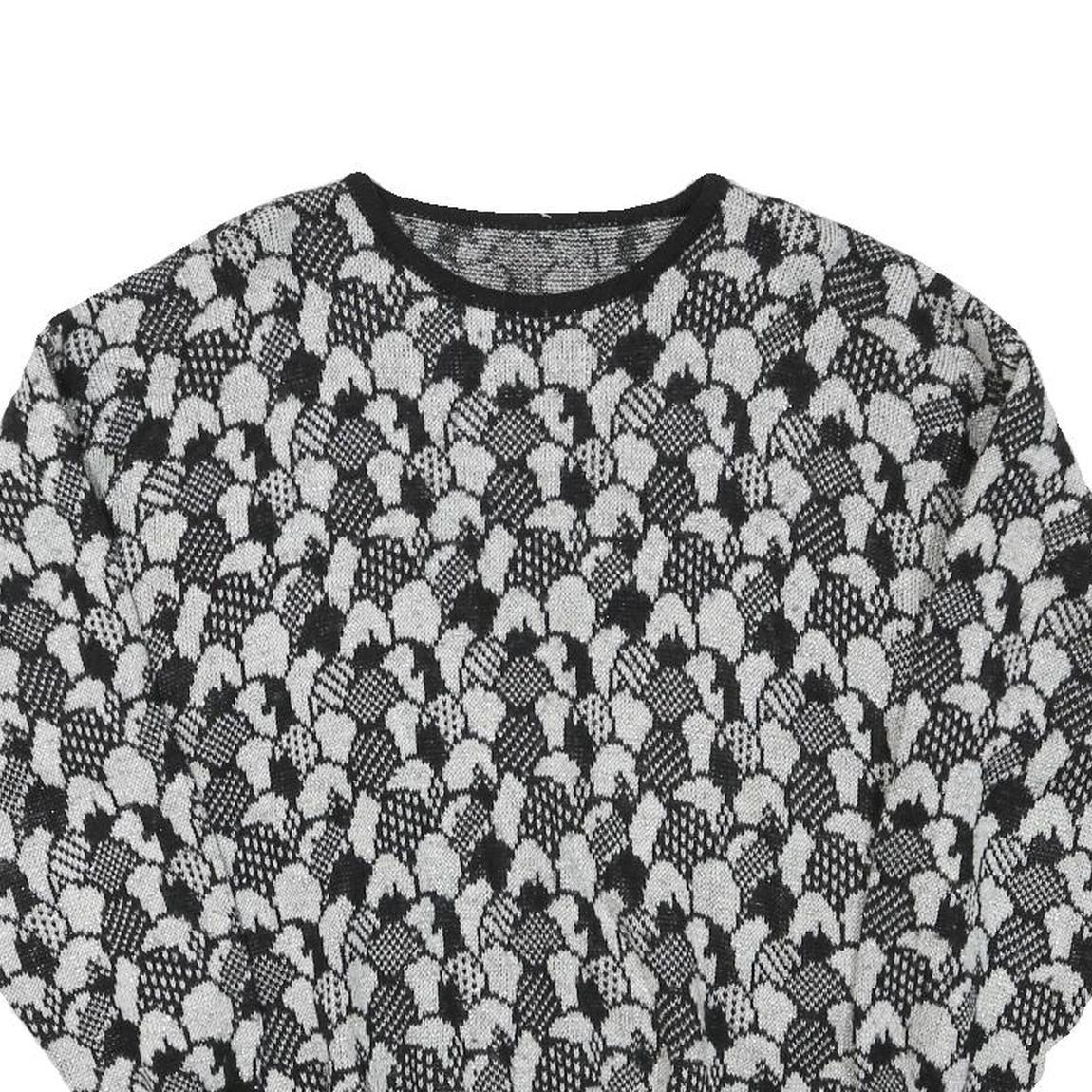 Womens Black & Grey Patterned Acrylic Blend Jumper Crew Neck Waffle Knit M