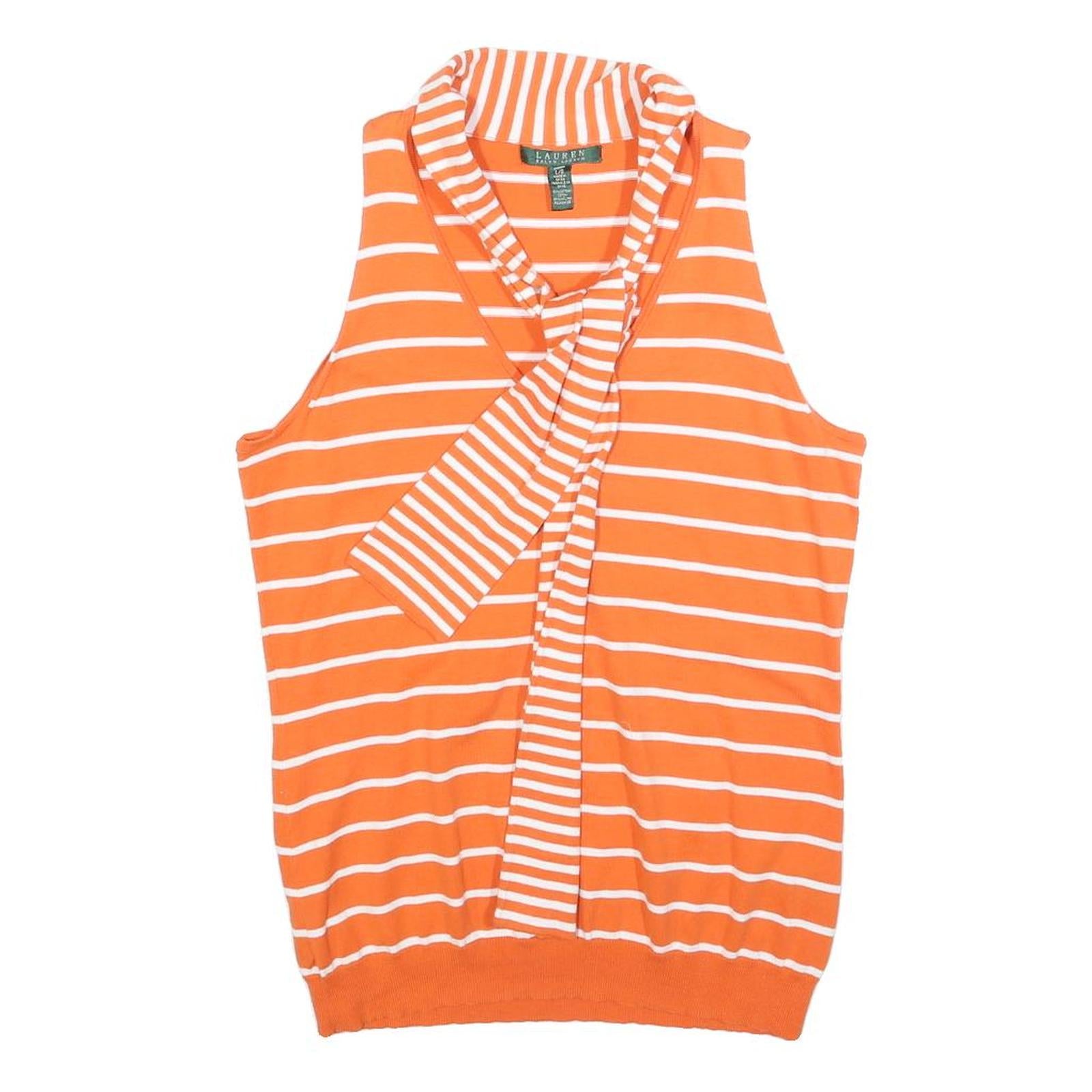 LAUREN RALPH LAUREN Womens Orange & White Striped Sleeveless Top Tie Neck L