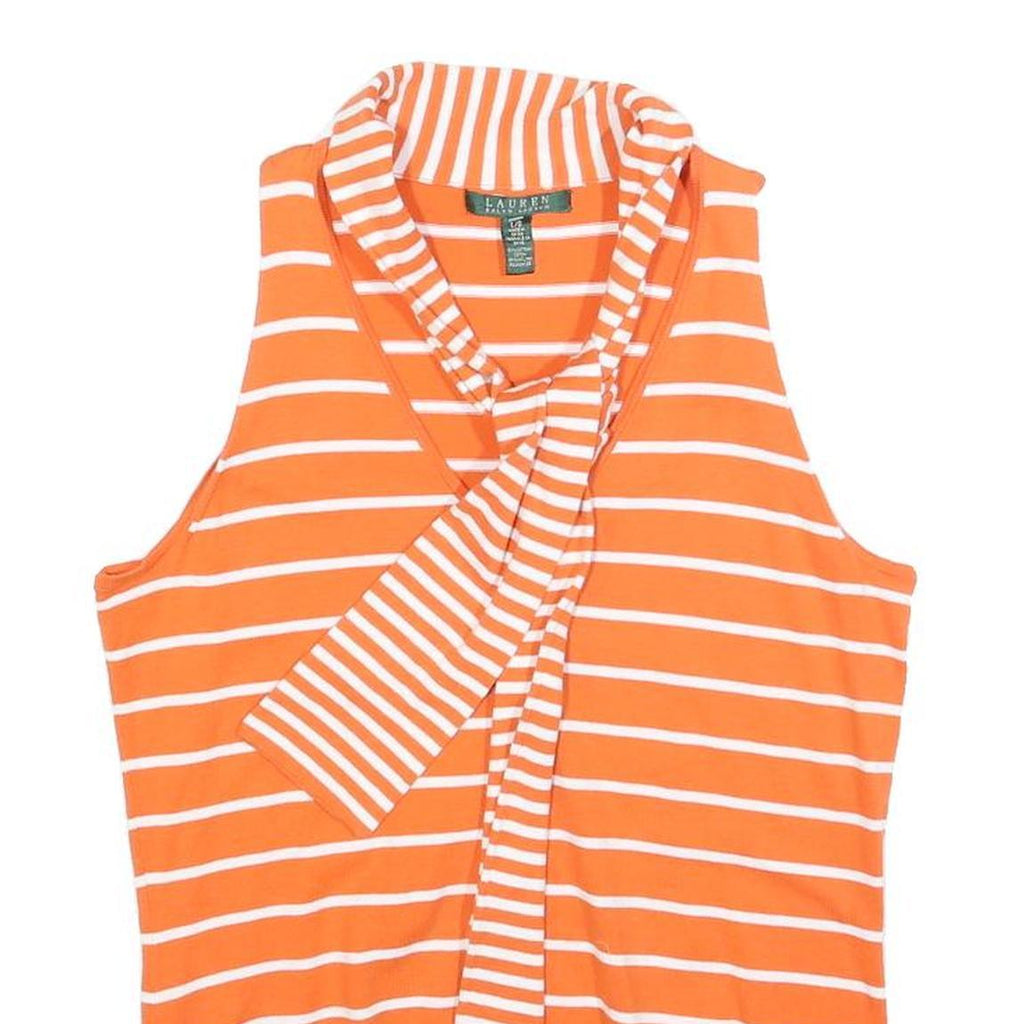 LAUREN RALPH LAUREN Womens Orange & White Striped Sleeveless Top Tie Neck L