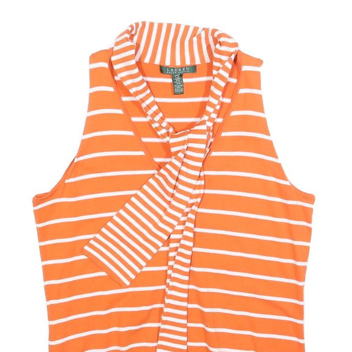 LAUREN RALPH LAUREN Womens Orange & White Striped Sleeveless Top Tie Neck L