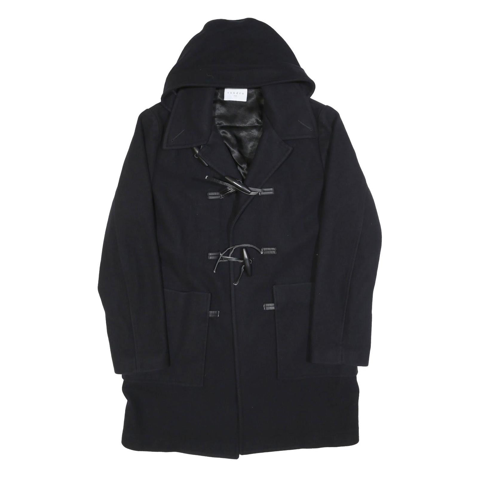 SANDRO Womens Black Wool Blend Button Jacket L Hooded Classic Fit Outerwear