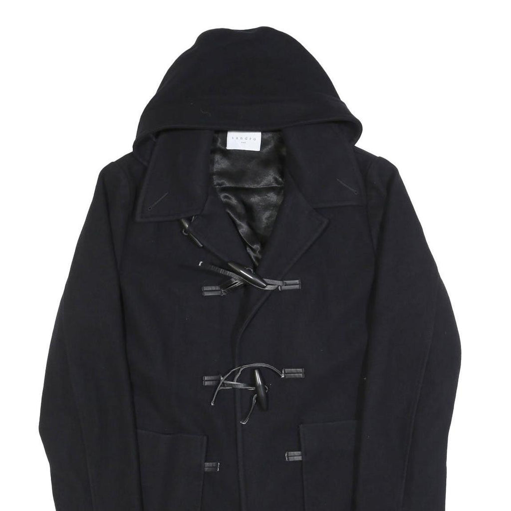 SANDRO Womens Black Wool Blend Button Jacket L Hooded Classic Fit Outerwear