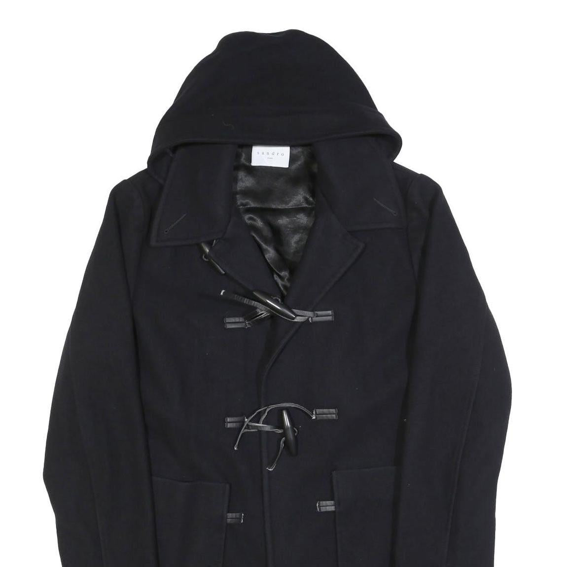 SANDRO Womens Black Wool Blend Button Jacket L Hooded Classic Fit Outerwear