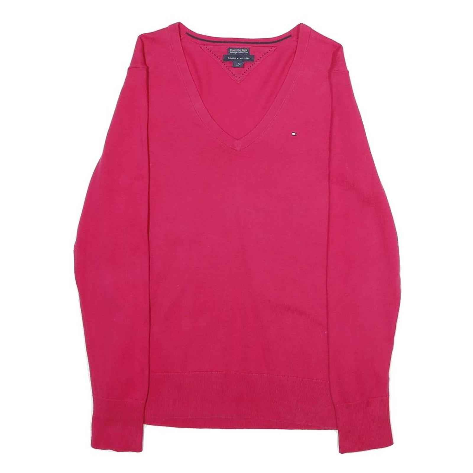 TOMMY HILFIGER Mens Red Plain V-Neck Basic Knit Jumper M Cotton Blend