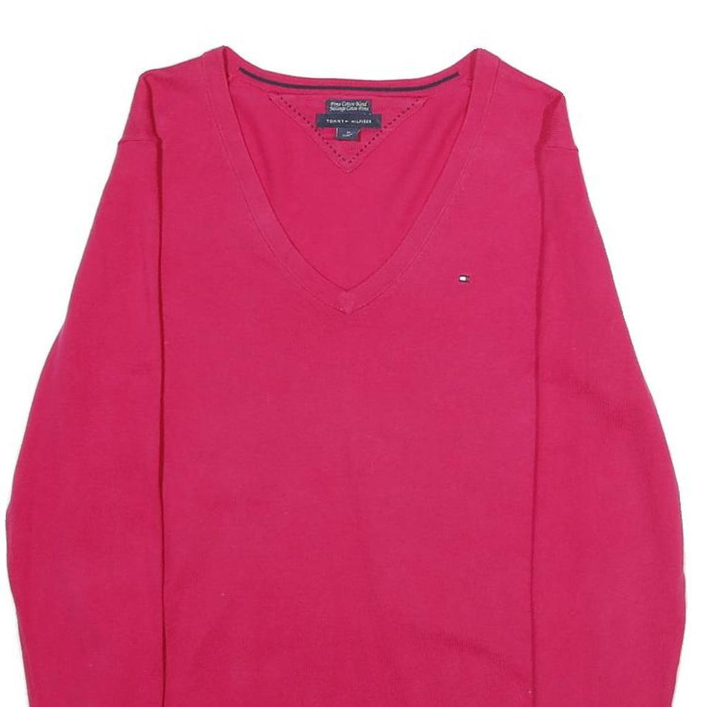 TOMMY HILFIGER Mens Red Plain V-Neck Basic Knit Jumper M Cotton Blend