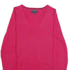 TOMMY HILFIGER Mens Red Plain V-Neck Basic Knit Jumper M Cotton Blend
