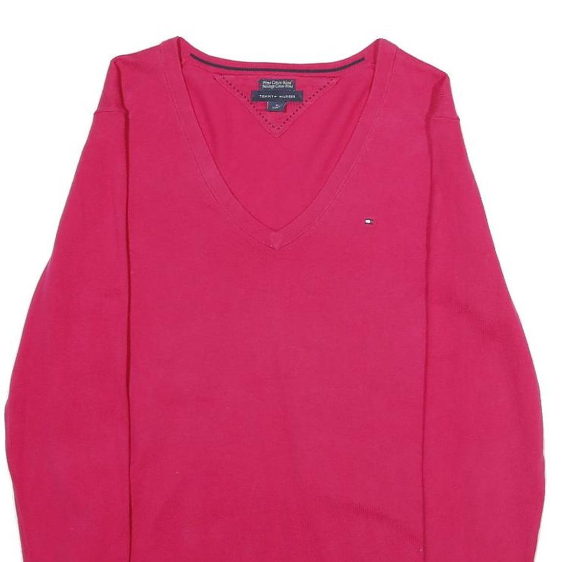 TOMMY HILFIGER Mens Red Plain V-Neck Basic Knit Jumper M Cotton Blend