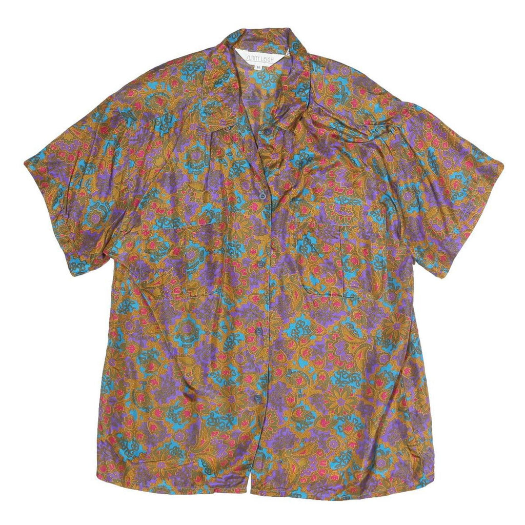 SUNNY LEIGH Womens Purple & Brown Printed Short Sleeve Shirt M Relaxed Fit
