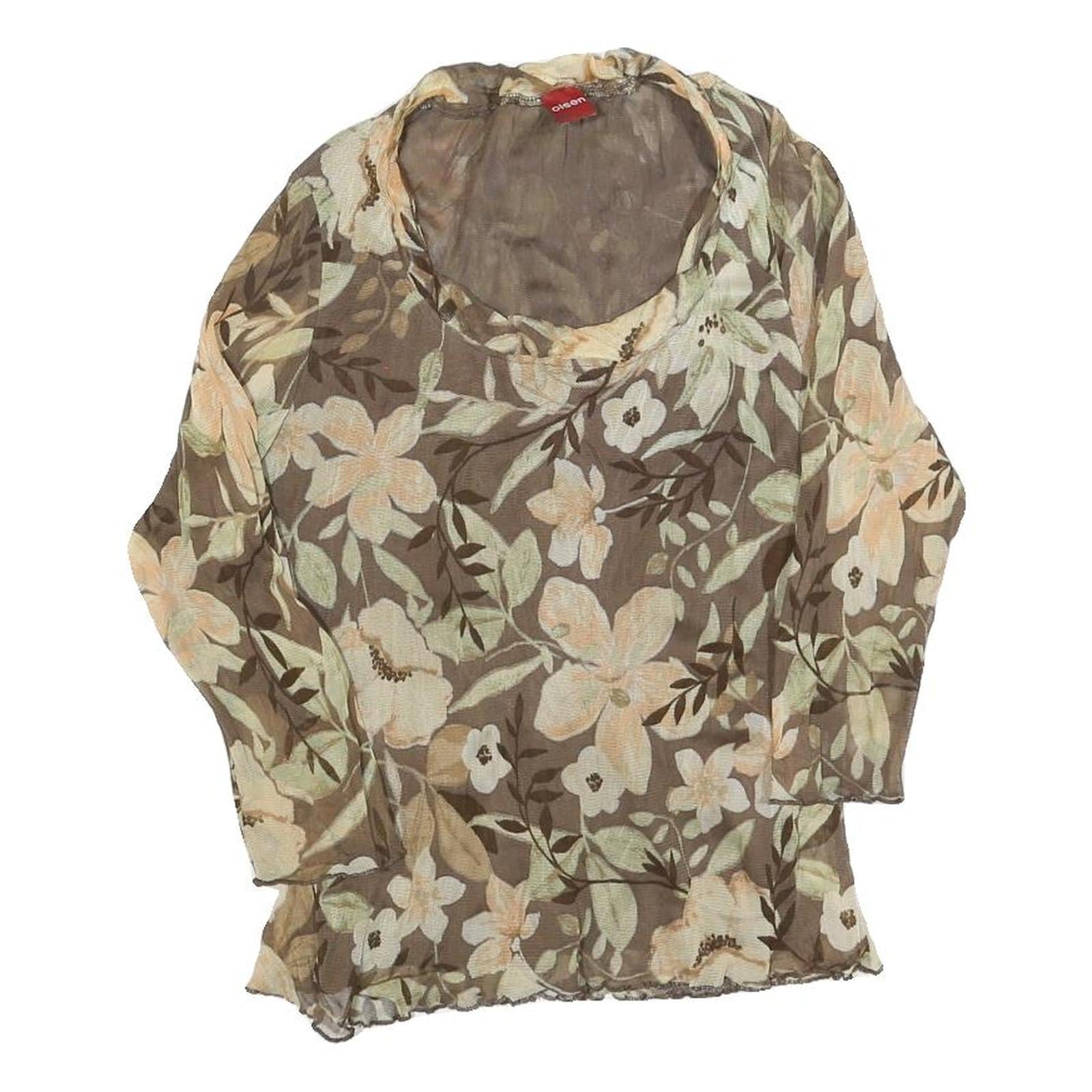 OLSEN Womens Brown Floral Print Long Sleeve Round Neck Top M Lightweight