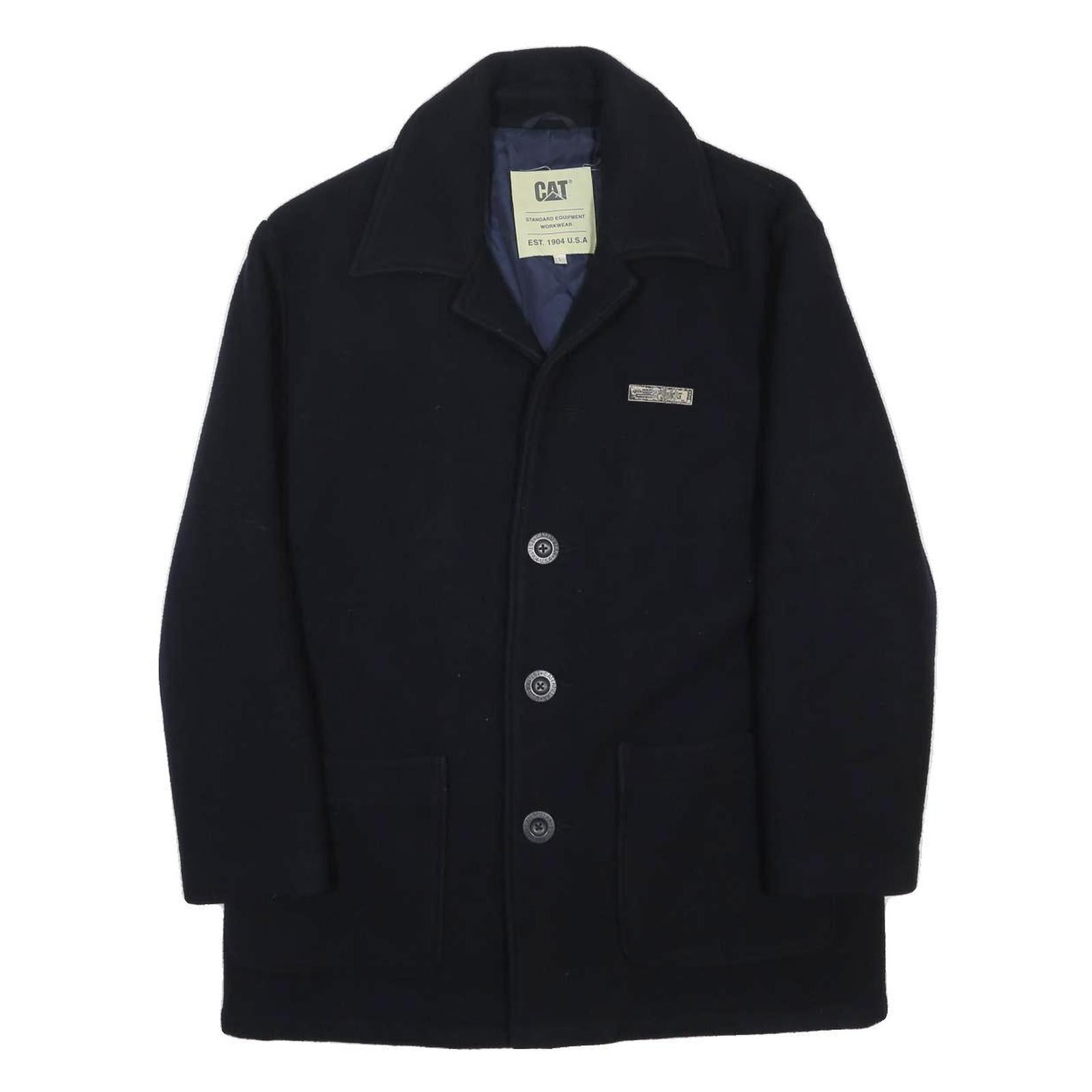 CAT Mens Black Wool Blend Button Jacket L Classic Plain Workwear Coat