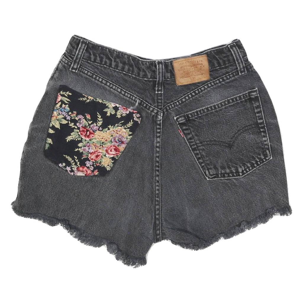 LEVI'S Womens Black Denim Floral Patch Shorts XS W26 Distressed Hem Cropped