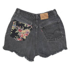 LEVI'S Womens Black Denim Floral Patch Shorts XS W26 Distressed Hem Cropped