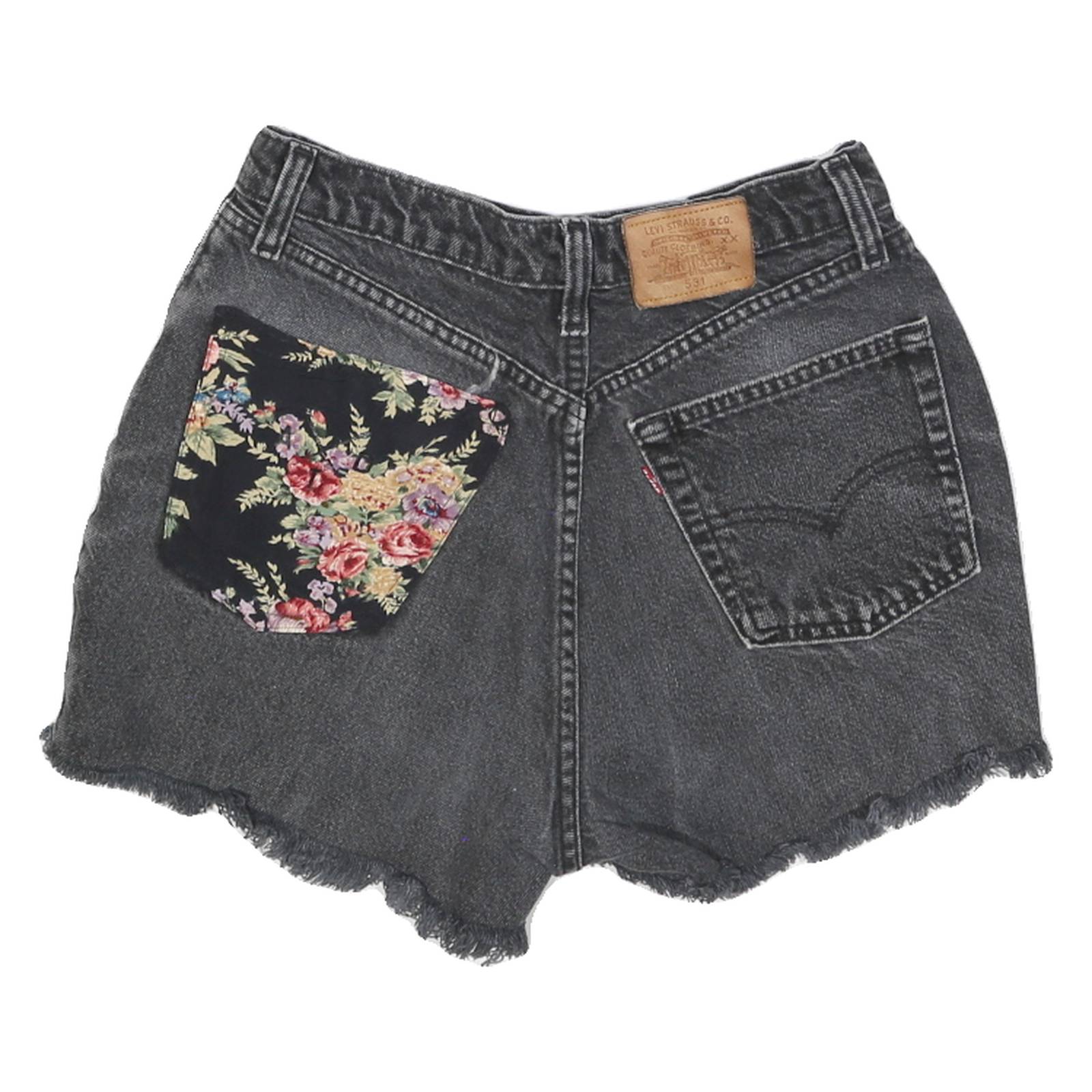 LEVI'S Womens Black Denim Floral Patch Shorts XS W26 Distressed Hem Cropped
