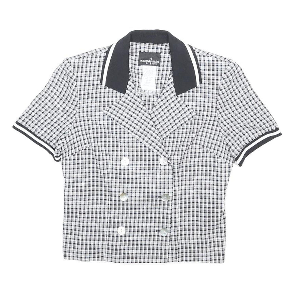 POSITIVE ATTITUDE Womens Black & White Check Double Breasted Shirt Short Sleeve