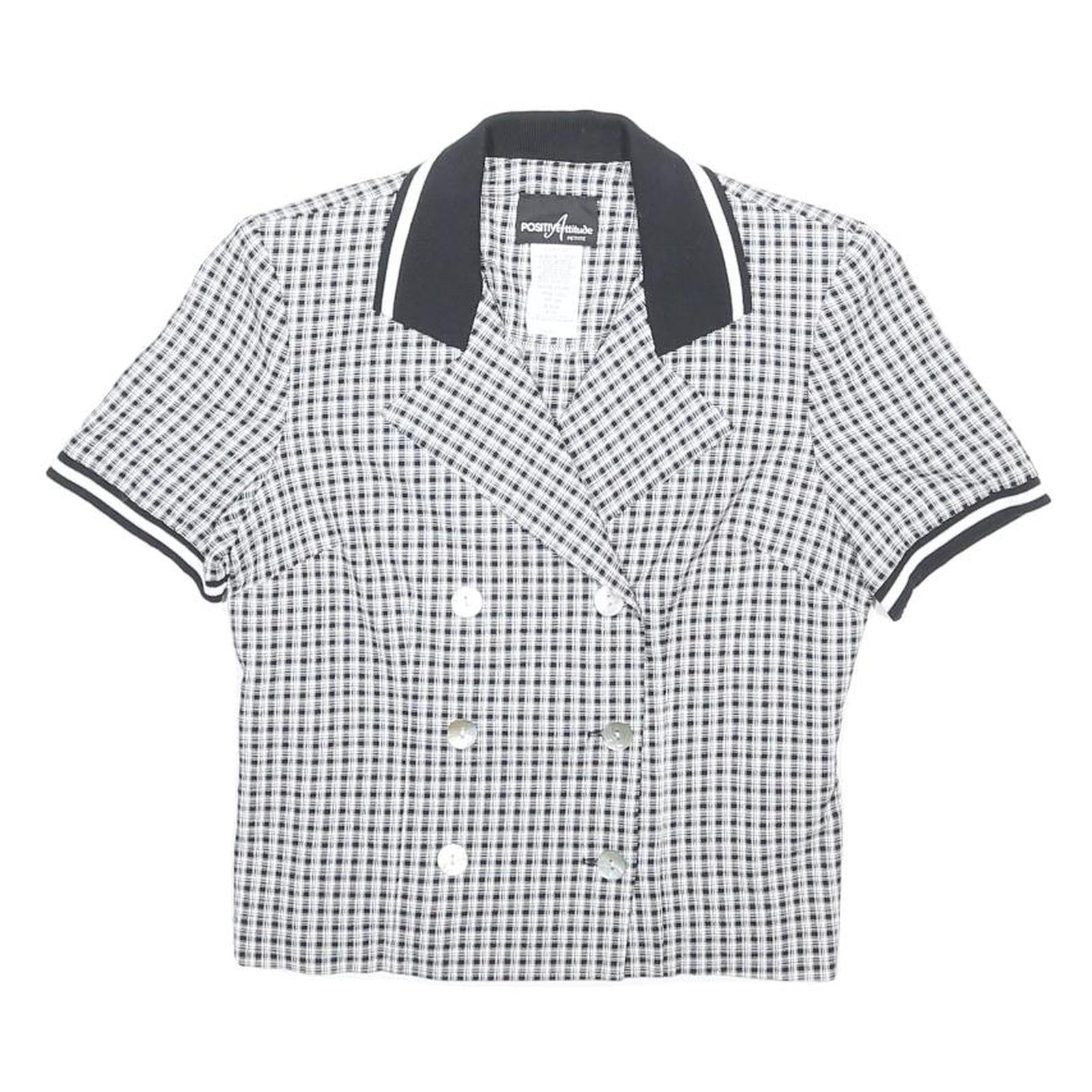 POSITIVE ATTITUDE Womens Black & White Check Double Breasted Shirt Short Sleeve