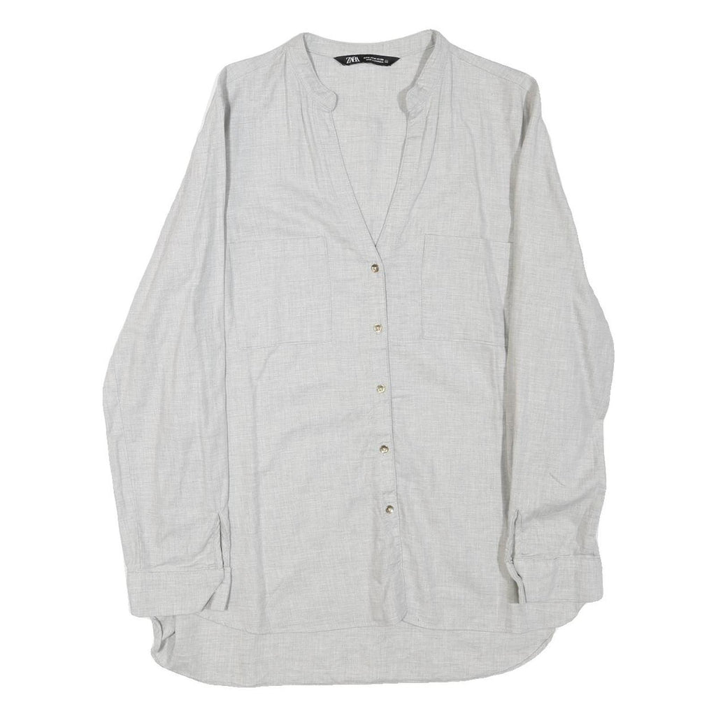 ZARA Womens Grey Cotton Blend Blouse Long Sleeve Button Neck M Casual