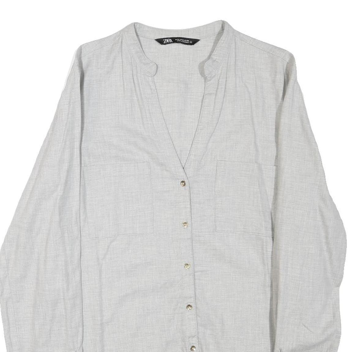 ZARA Womens Grey Cotton Blend Blouse Long Sleeve Button Neck M Casual