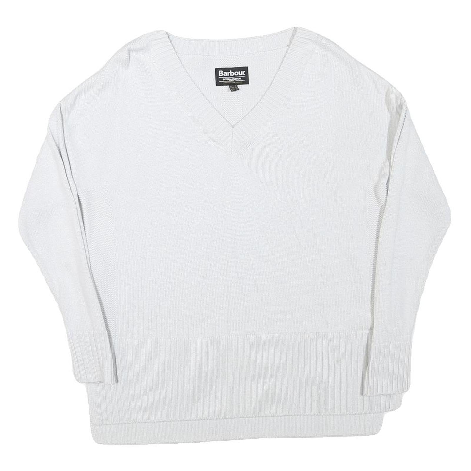 BARBOUR INTERNATIONAL Womens White Plain Jumper V-Neck Basic Knit UK 8 Cotton