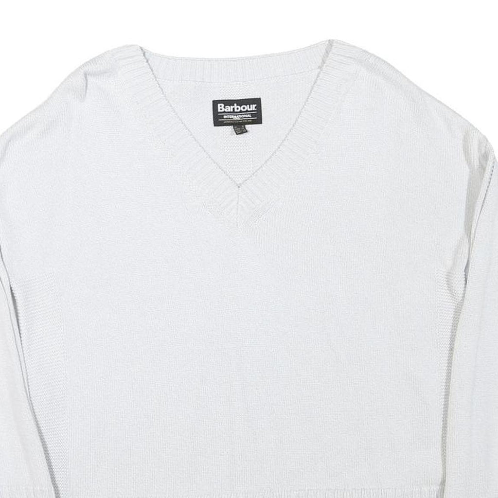 BARBOUR INTERNATIONAL Womens White Plain Jumper V-Neck Basic Knit UK 8 Cotton