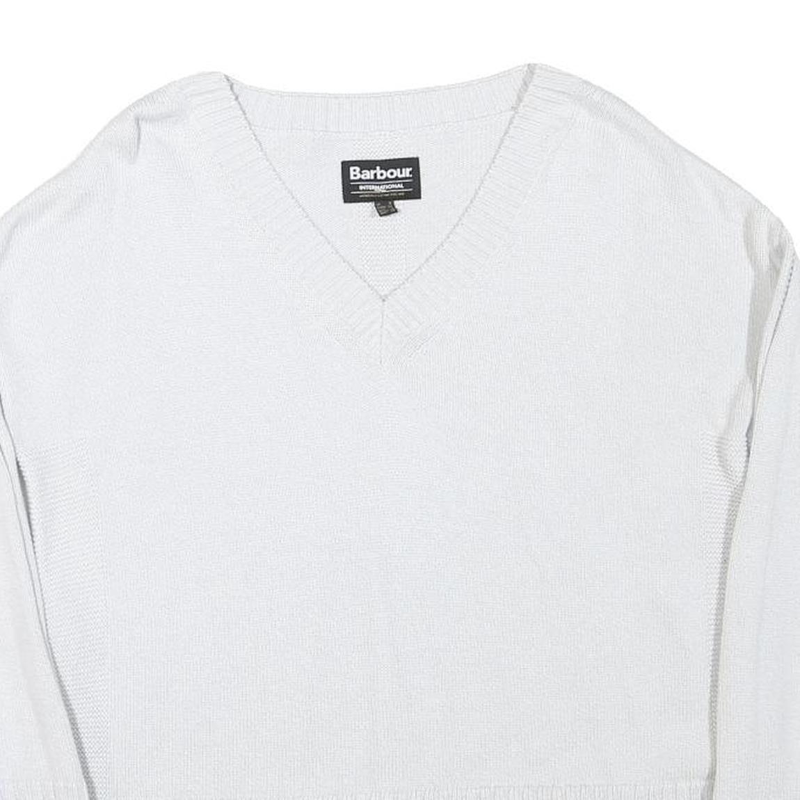 BARBOUR INTERNATIONAL Womens White Plain Jumper V-Neck Basic Knit UK 8 Cotton