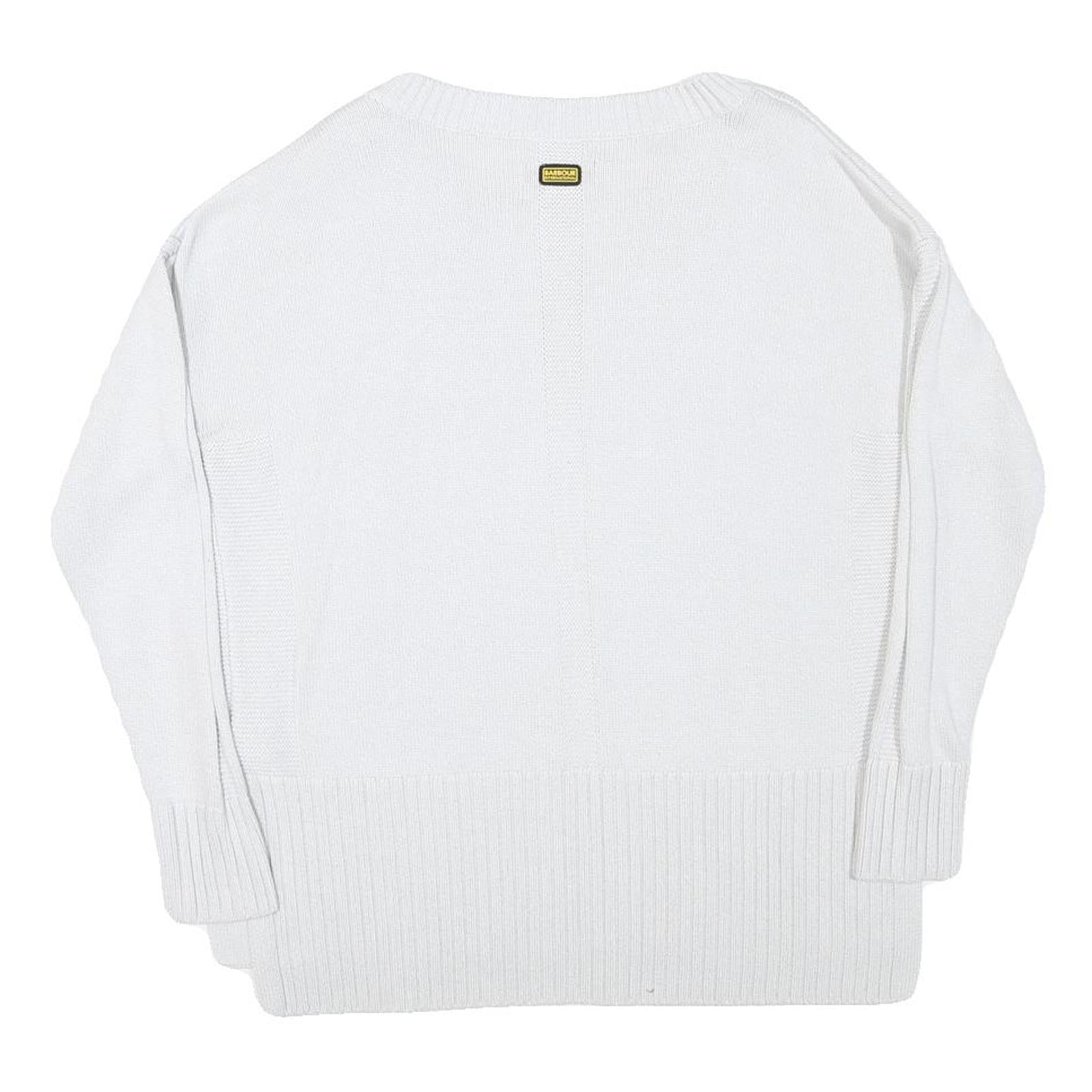 BARBOUR INTERNATIONAL Womens White Plain Jumper V-Neck Basic Knit UK 8 Cotton