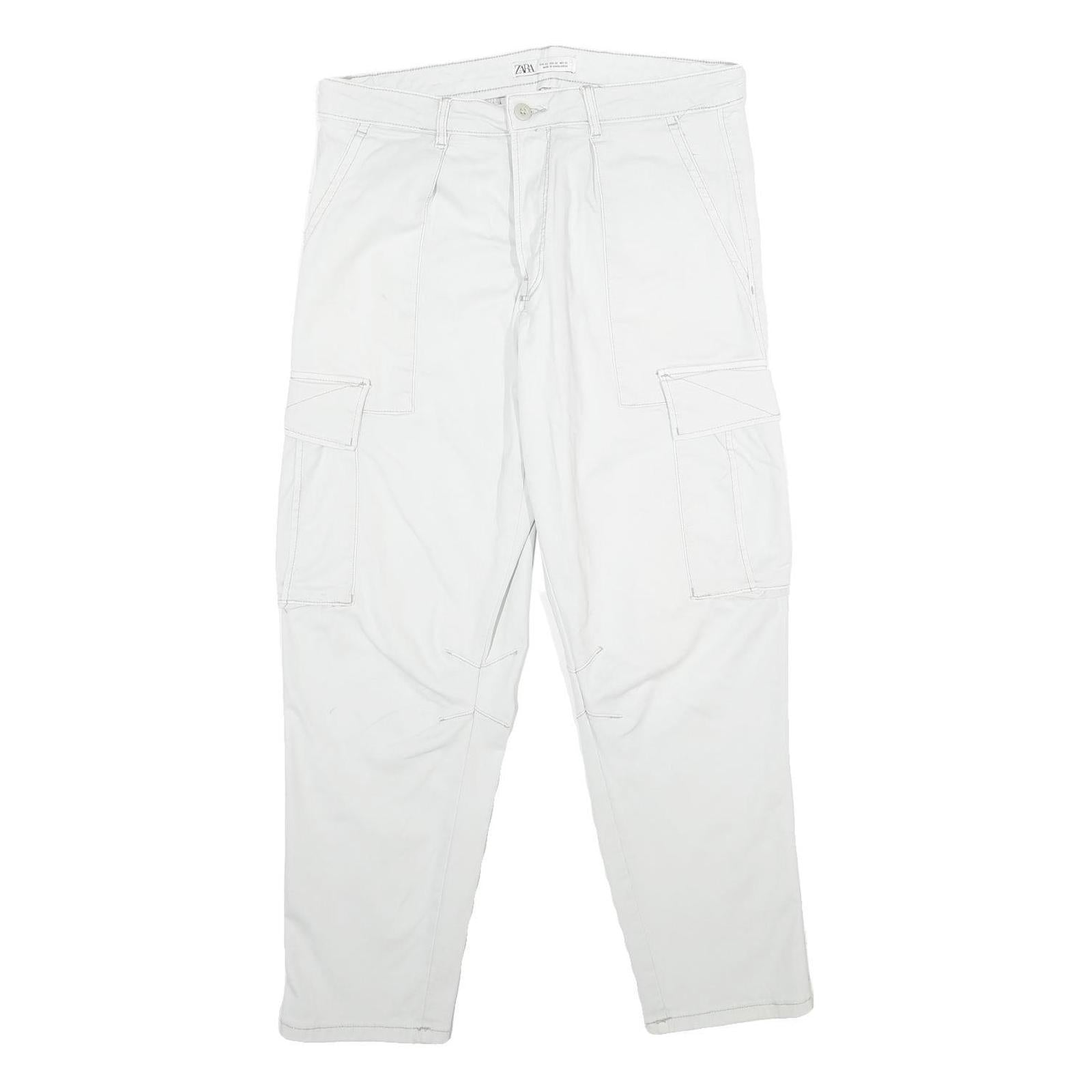 ZARA Mens Cotton Blend White Regular Cargo Trousers W32 L30 Casual Pockets Zip